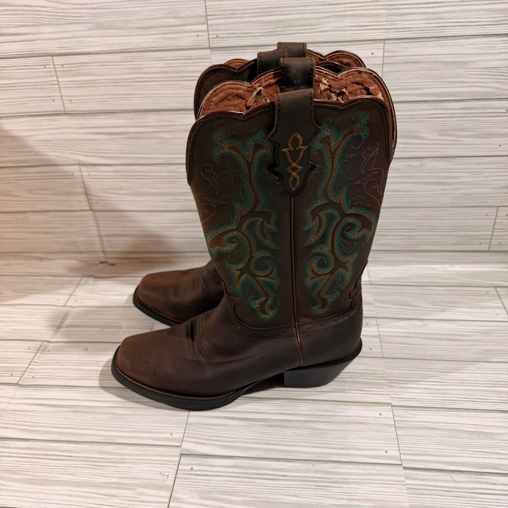 Justin Boots Womens Brown Leather Square Toe Western Cowgirl Boots Teal Stitch